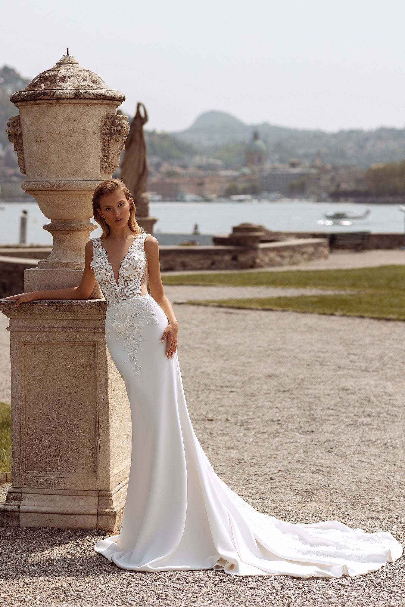 column wedding dress Elegantly Simple Royal Satin neck sheer illusion boned bodice designed with pearl beaded Stacees Bridal Wedding Dress Sheath/Column