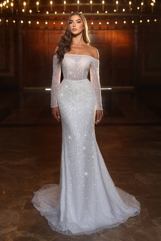 Off the shoulder fishtail beaded wedding dress