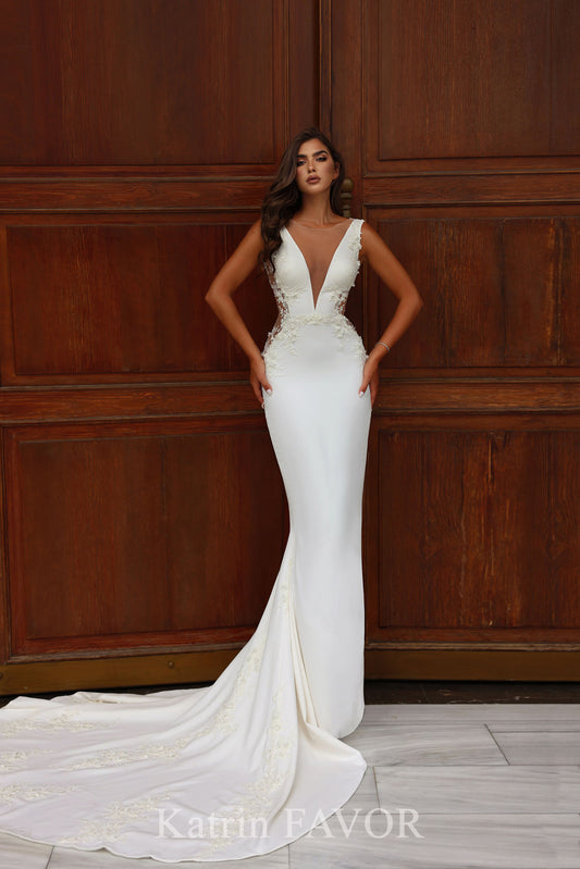 KatrinFAVORboutique-Crepe wedding dress with sheer sides sexy wedding gown fitted