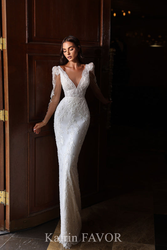 KatrinFAVORboutique-Off white lace wedding dress fitted long sleeve bridal dress