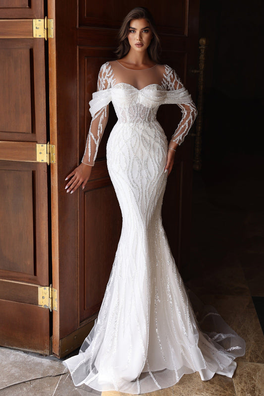 Long sleeve mermaid wedding dress Embroidered bridal dress