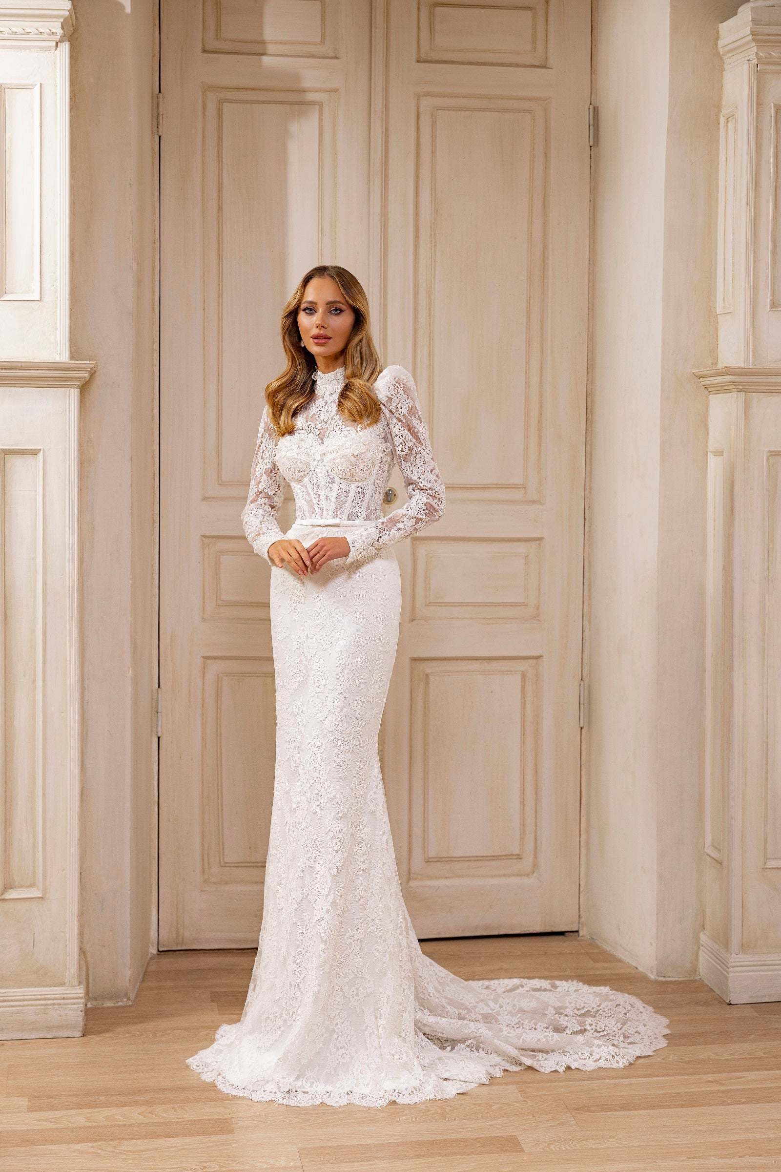 KatrinFAVORboutique-High neck long sleeve wedding gown Off white bridal