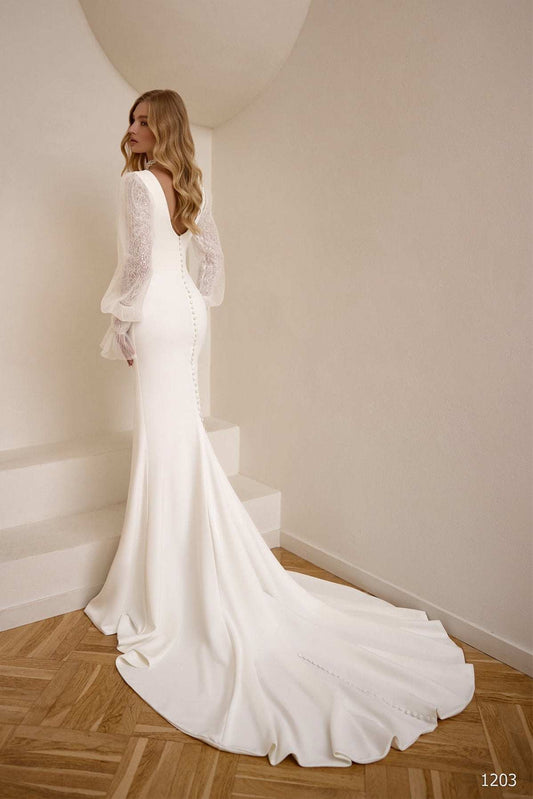 KatrinFAVORboutique-Wedding dress buttons down the back Crepe bridal gown