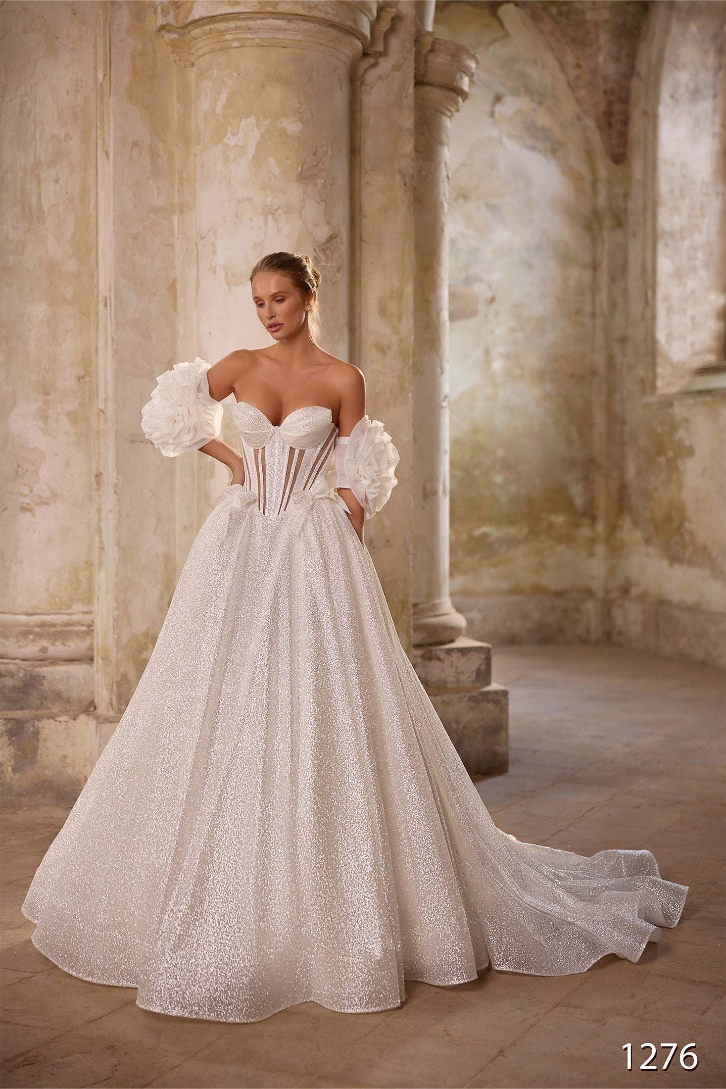 Strapless Glitter A-Line Wedding Dress with Corset and Puff Sleeves – Katrin Favor Other color / 4