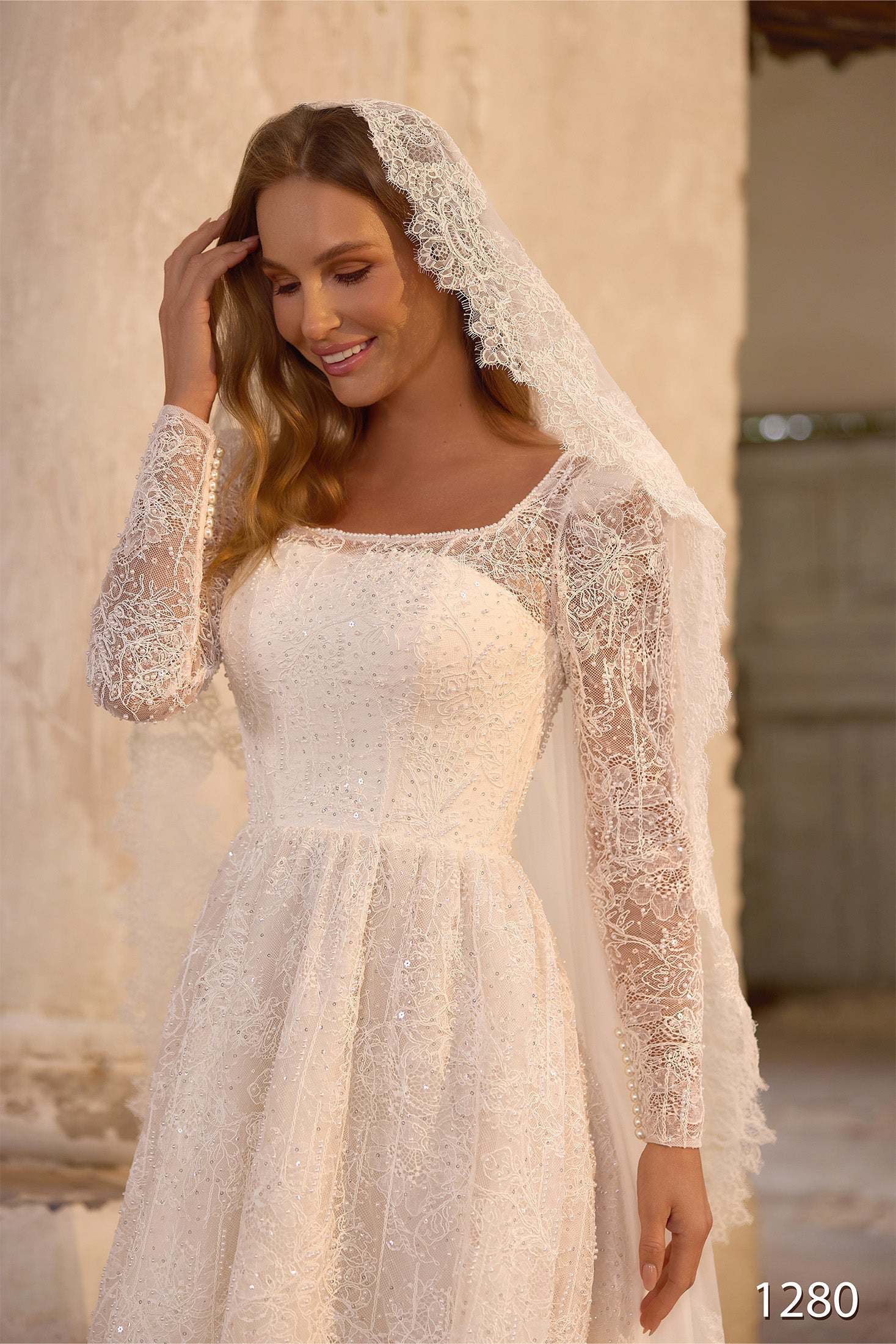 Long Sleeve Lace Wedding Dress – Modest A-Line Bridal Gown with Square Neck As on photo / 16