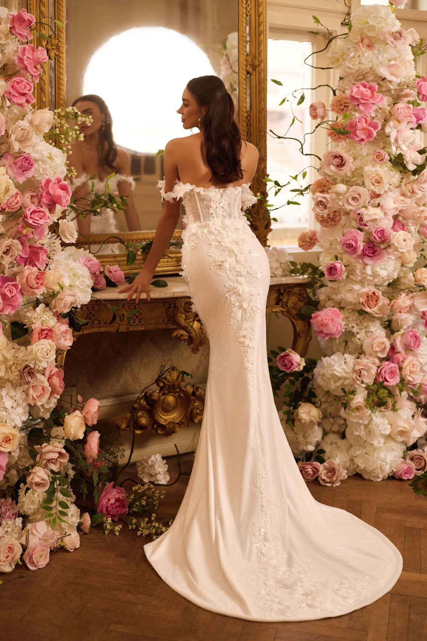 KatrinFAVORboutique-3d flower wedding dress Chantilly lace bridal wear