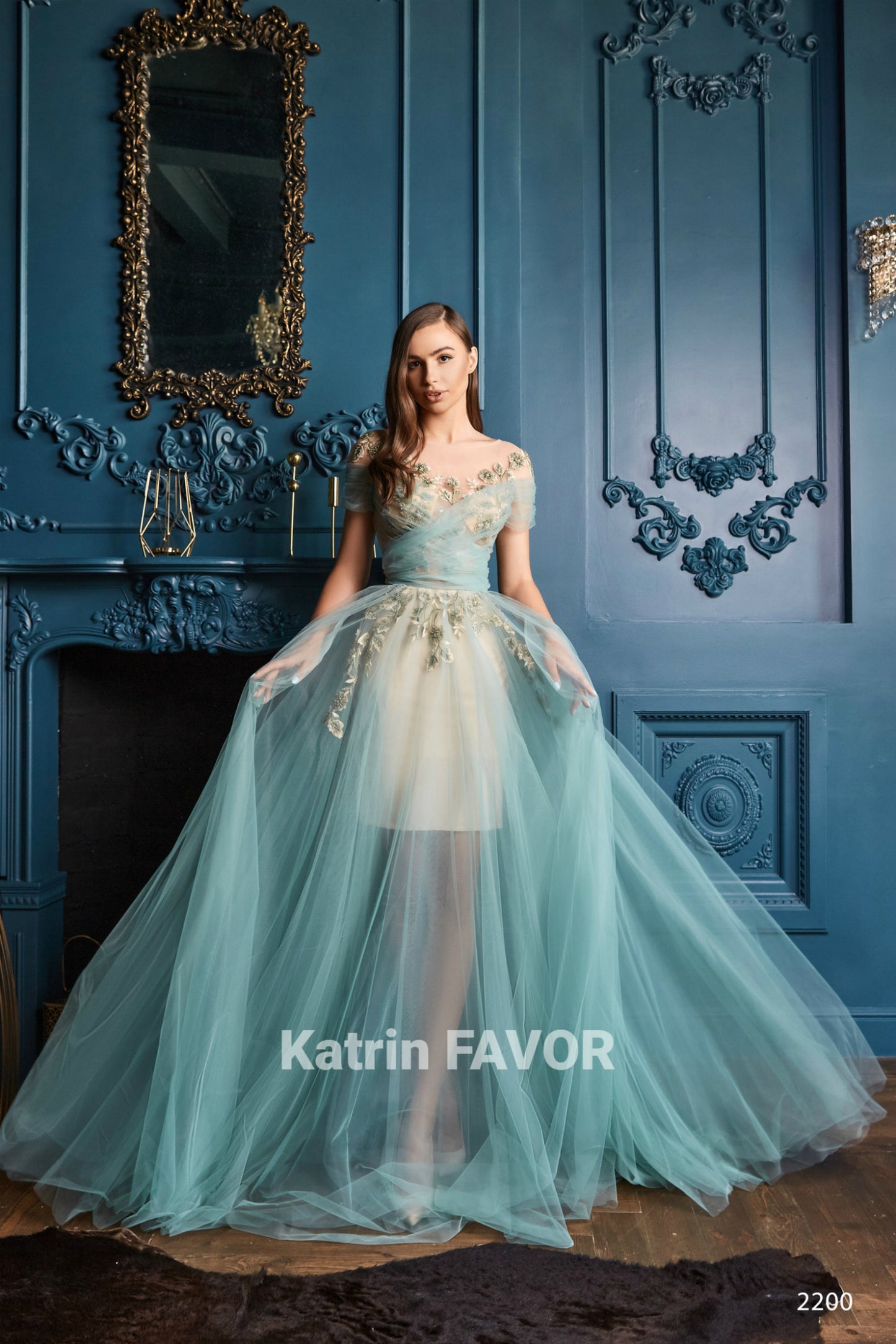 Embroidered see through evening dress