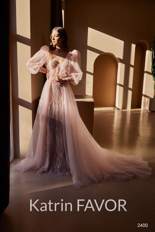 KatrinFAVORboutique-Pink color wedding dress with puffy long sleeves evening gown