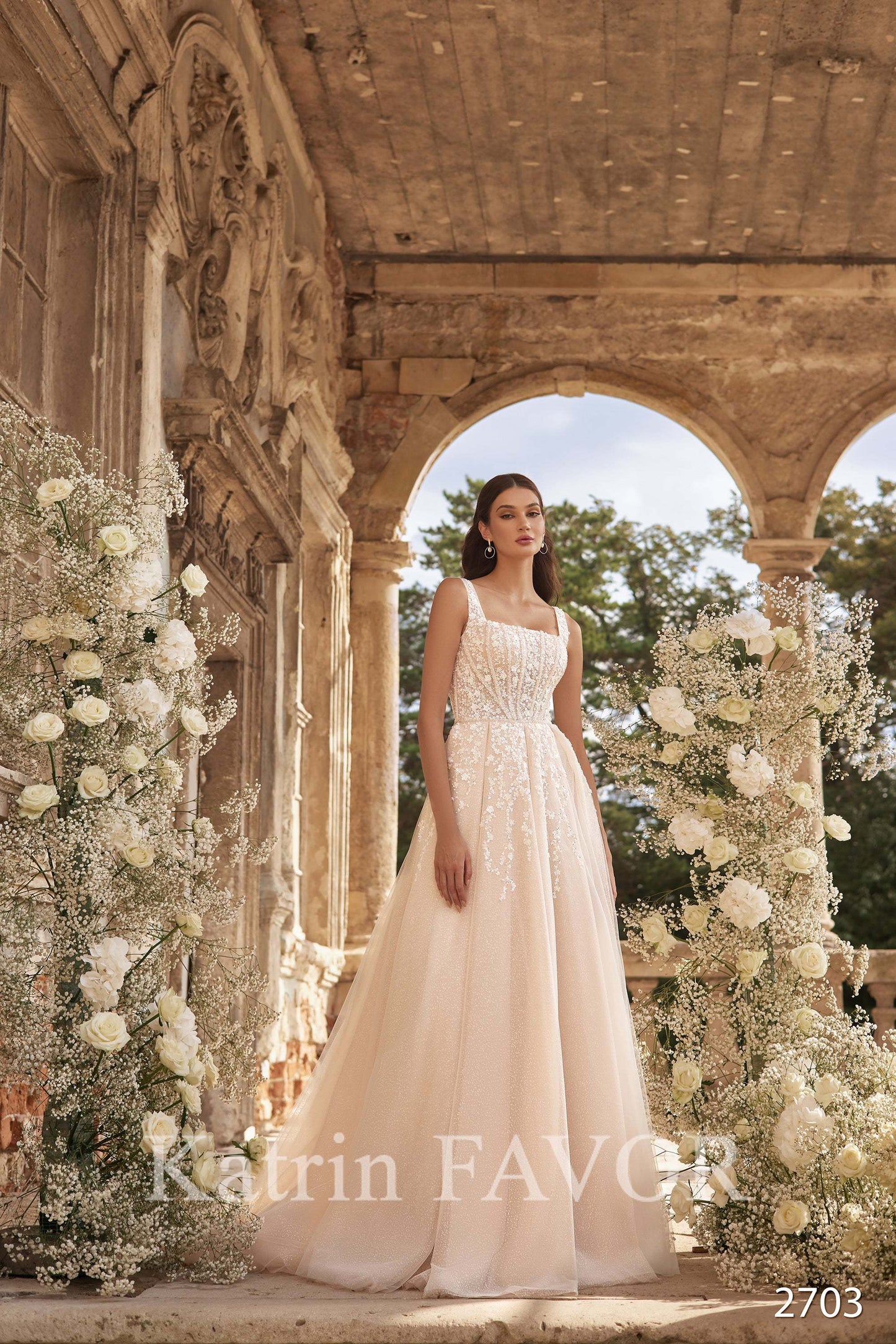 Square neck sequin embroidered blush wedding dress