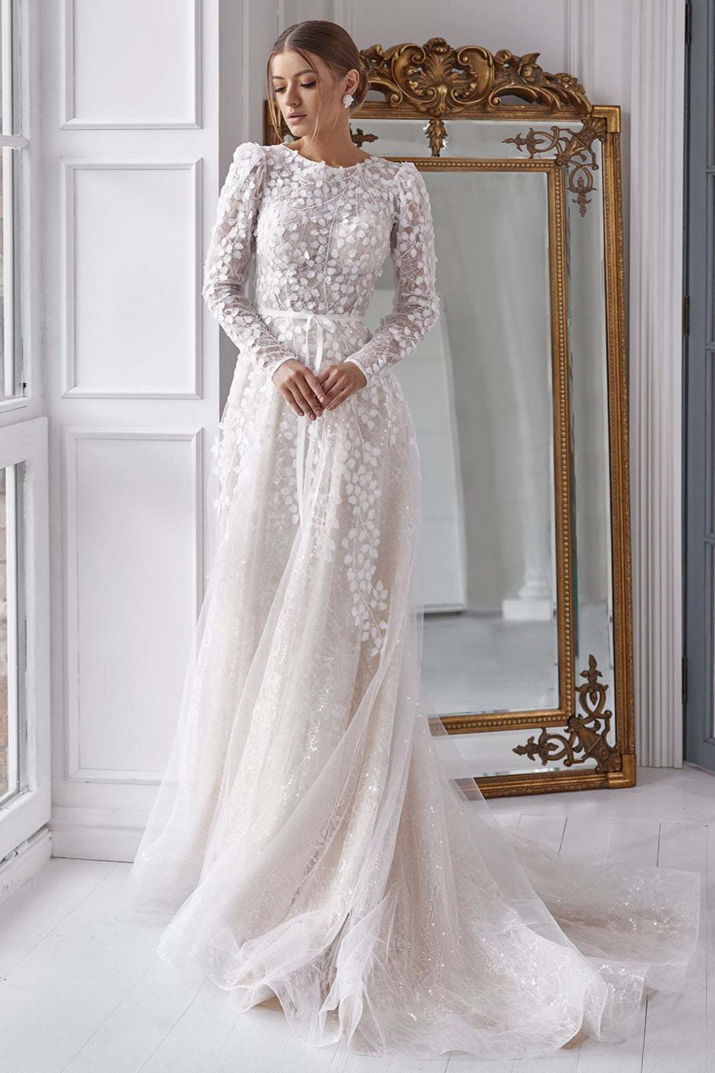 wedding dresses modest lace High neckline dress | wedding dress Fit and Flare WAISTLINE Long Sleeve Modest Lace Wedding