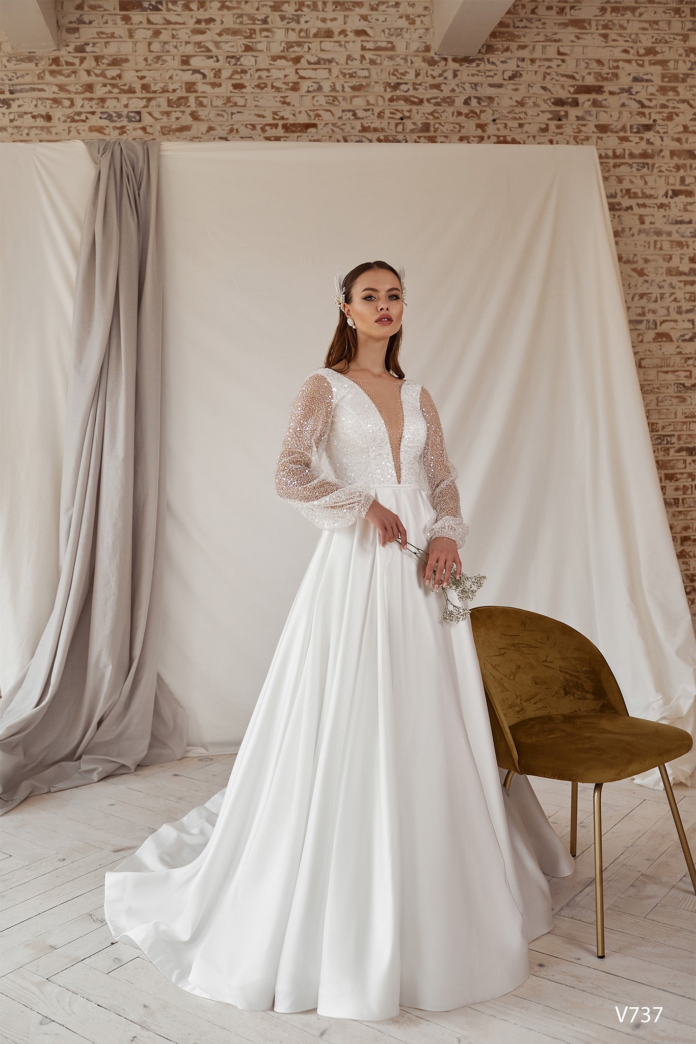 Satin wedding dress with sleeves Minimalist wedding gown