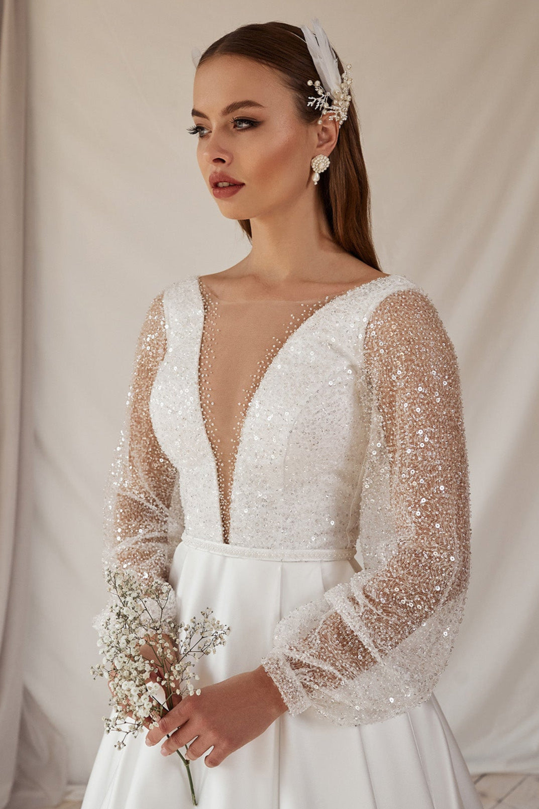 Sheer Bishop Sleeves Satin Wedding Dress 2 US / Off White Sheer Bishop Sleeves Satin Wedding Dress 2 US / Off White