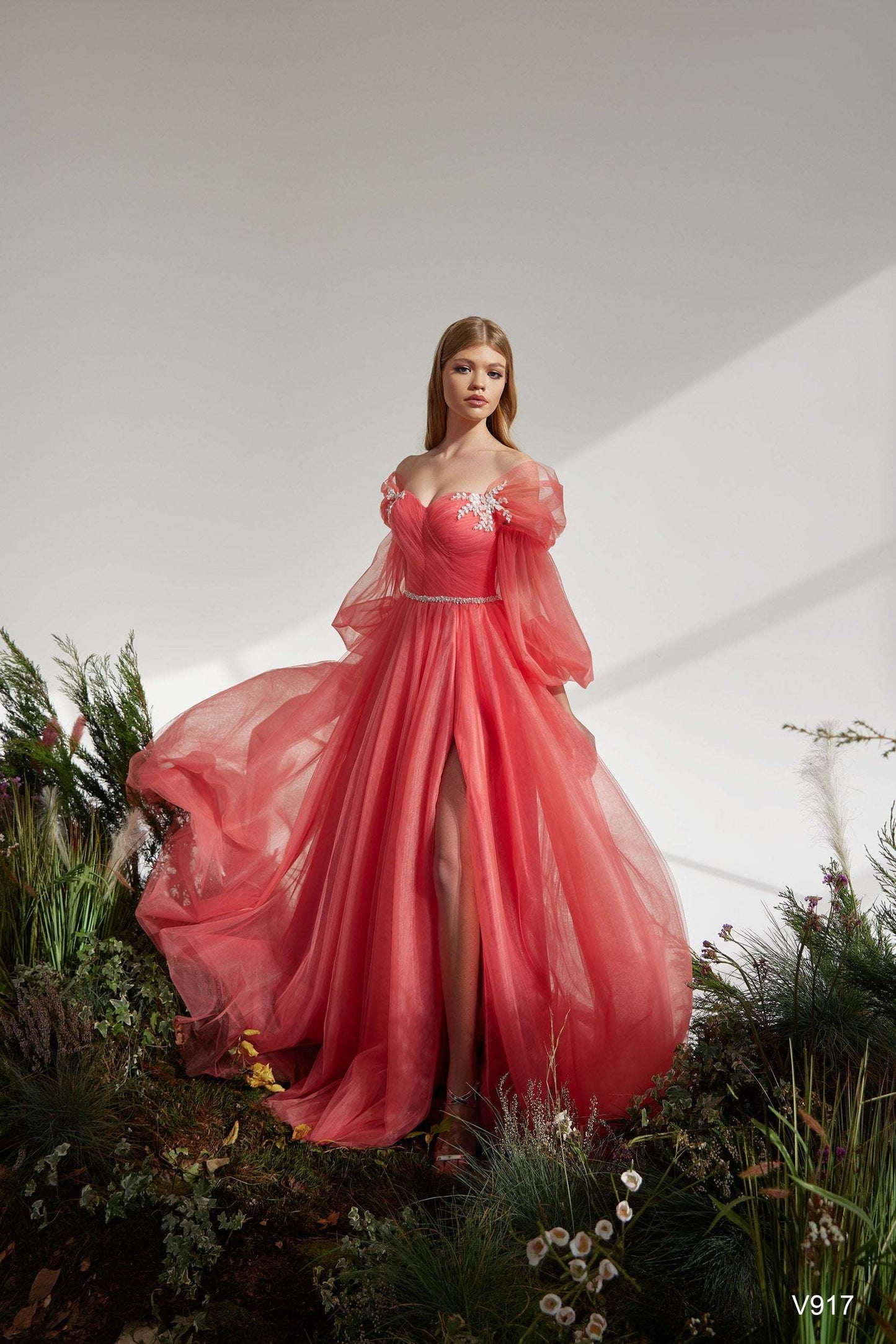 KatrinFAVORboutique-Formal off the shoulder dress with sleeves Gala wear