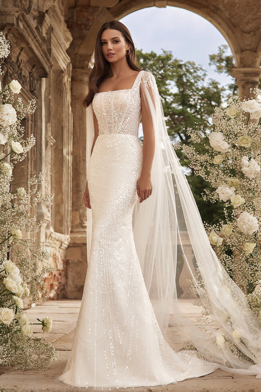 KatrinFAVORboutique-Wedding dress with detachable cape Sheath bridal dress