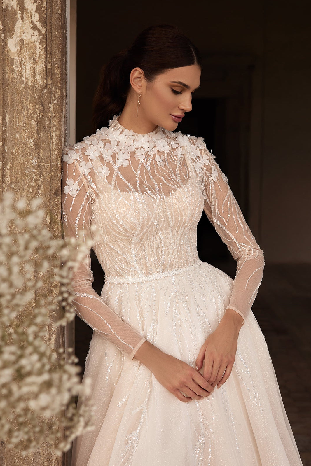 two piece long sleeve wedding dress Bohemian Bateau Chiffon Lace Two Piece Long Sleeve Sweep Train Wedding  Dress with Split Front