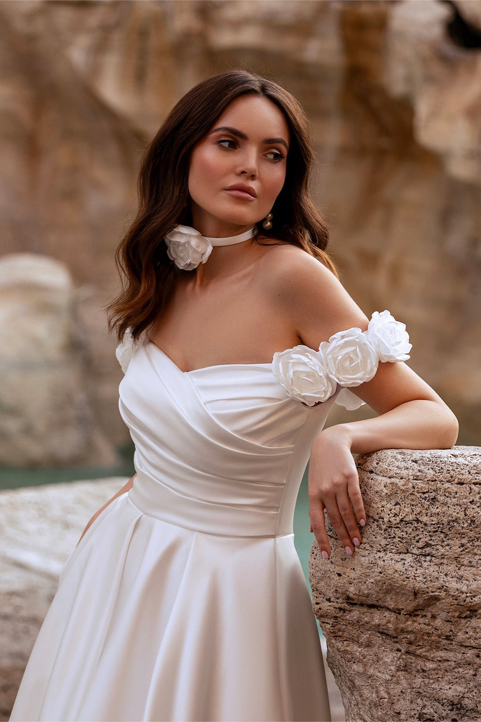 Off the shoulder satin wedding dress with pockets