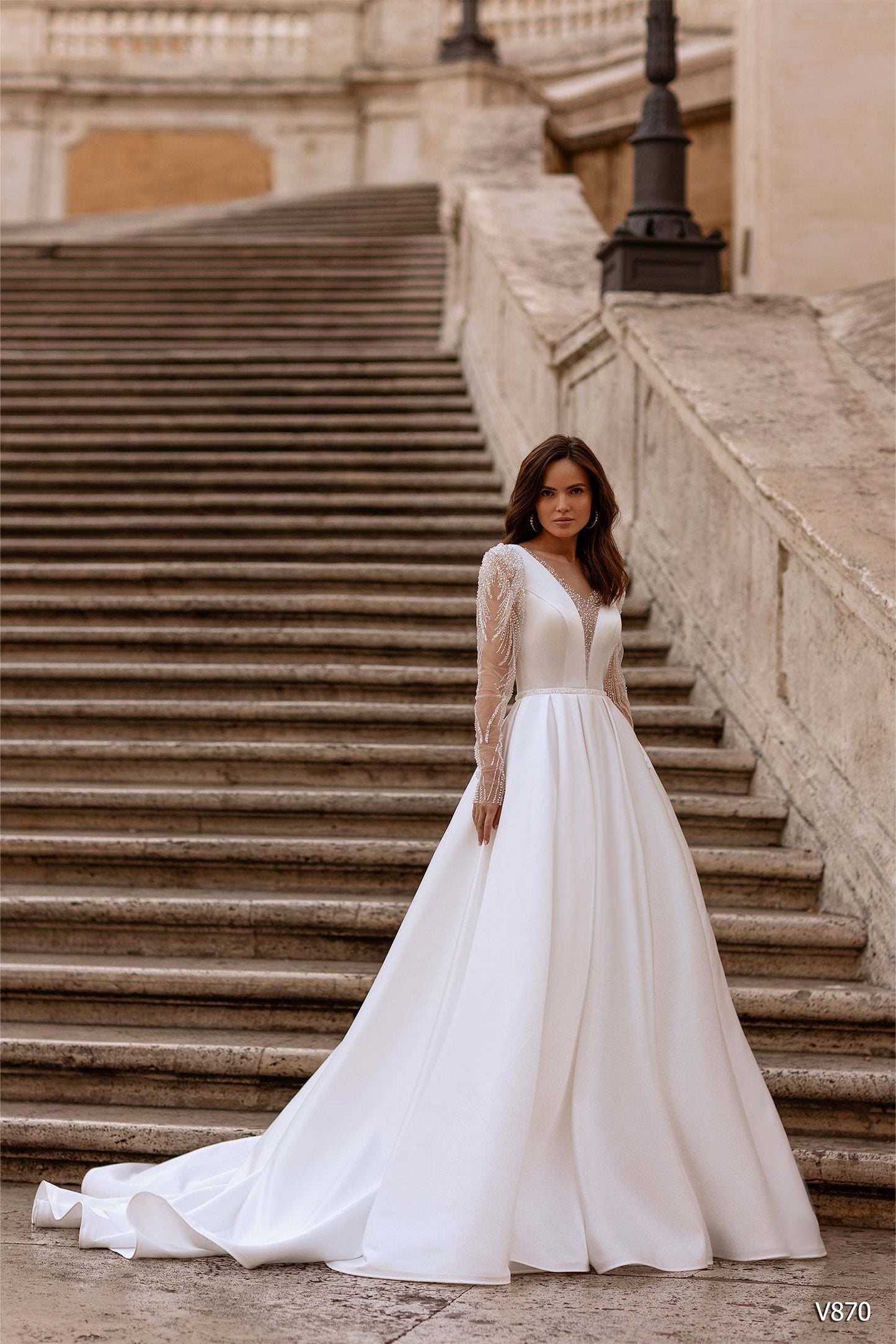 KatrinFAVORboutique-Satin gown wedding Sheer sleeve wedding dresses