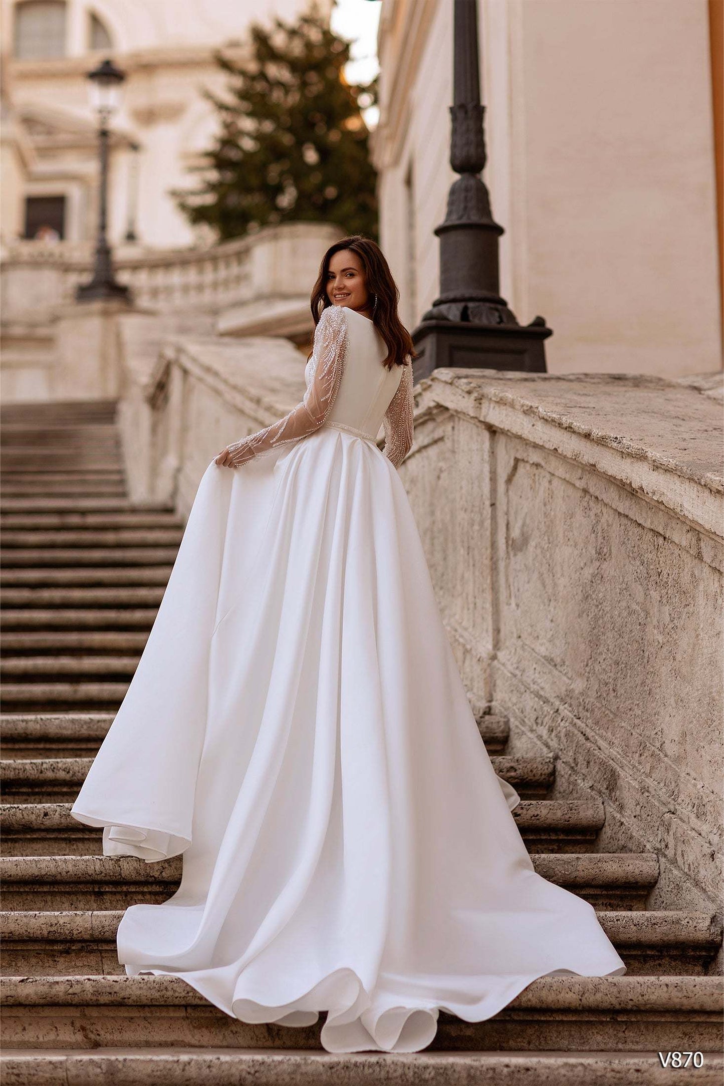 KatrinFAVORboutique-Satin gown wedding Sheer sleeve wedding dresses