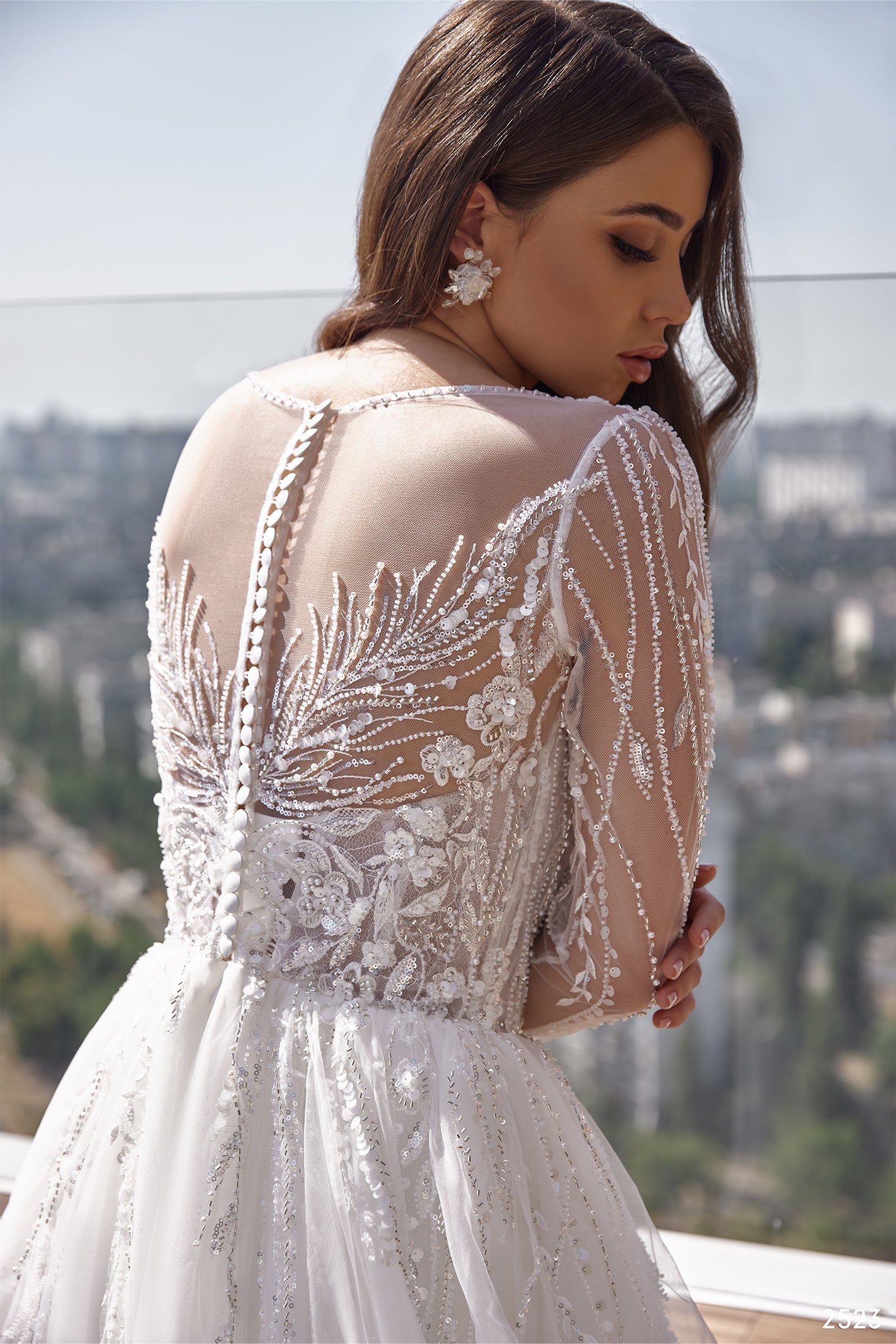 wedding dress with sheer Mermaid Long Sleeves Ivory Lace Wedding Dresses Modern Sheer Tulle See Through Back Evening Dresses main image 1