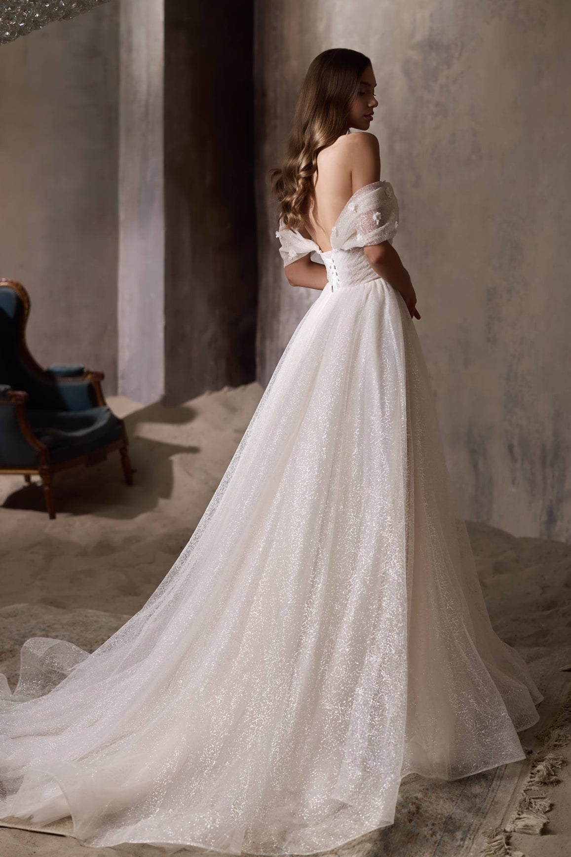 Shimmering wedding gown | Bardot style wedding dress