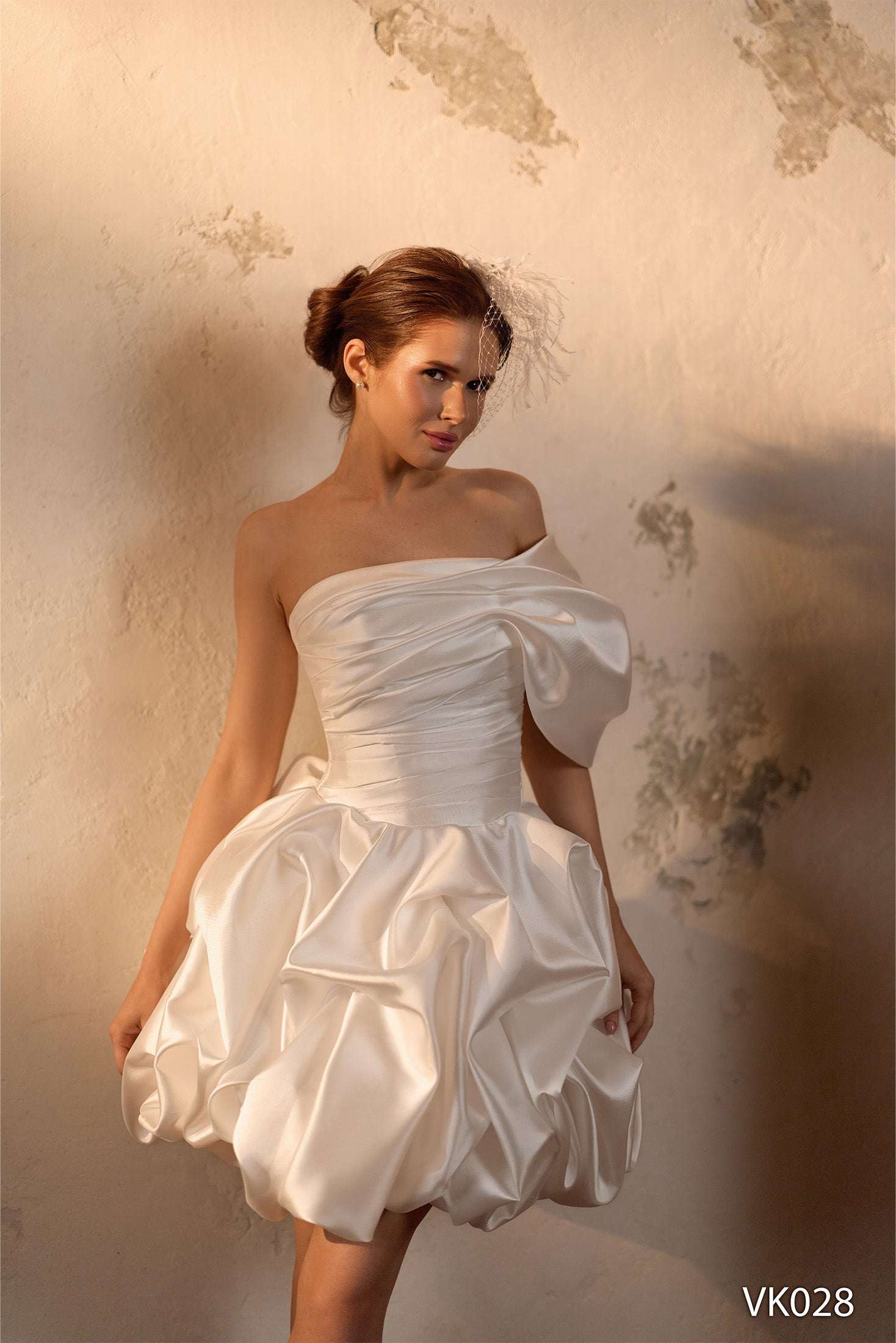 satin bridal mini dress Off Shoulder Bubble Hem Wedding – with Corset Bodice Other color / 12 PLP:Shapewear for Dresses Draped voluminous skirt Color:Chalk Black Sweetheart Lace Corset