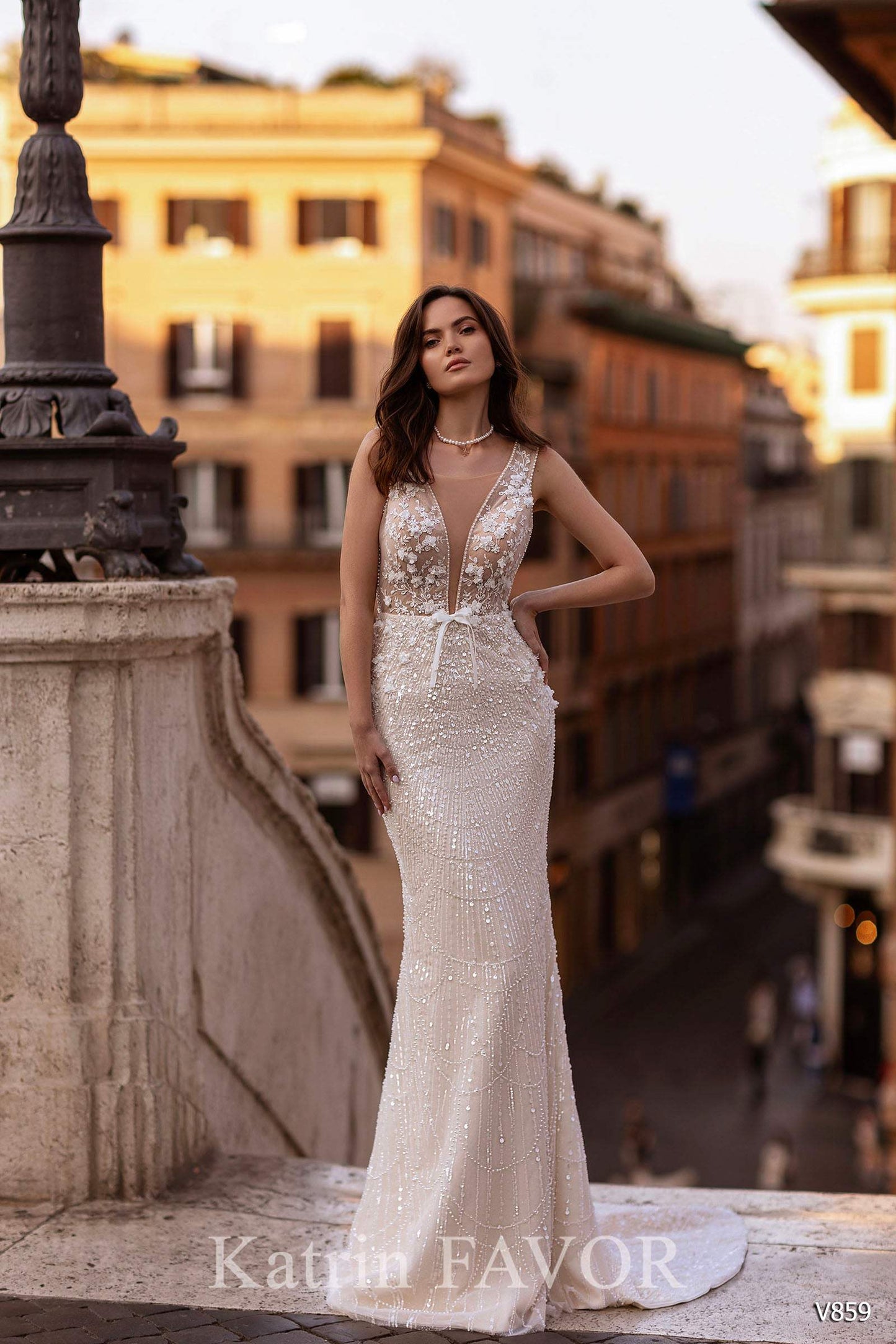 KatrinFAVORboutique-Fitted lace wedding gown Blush pink wedding dress