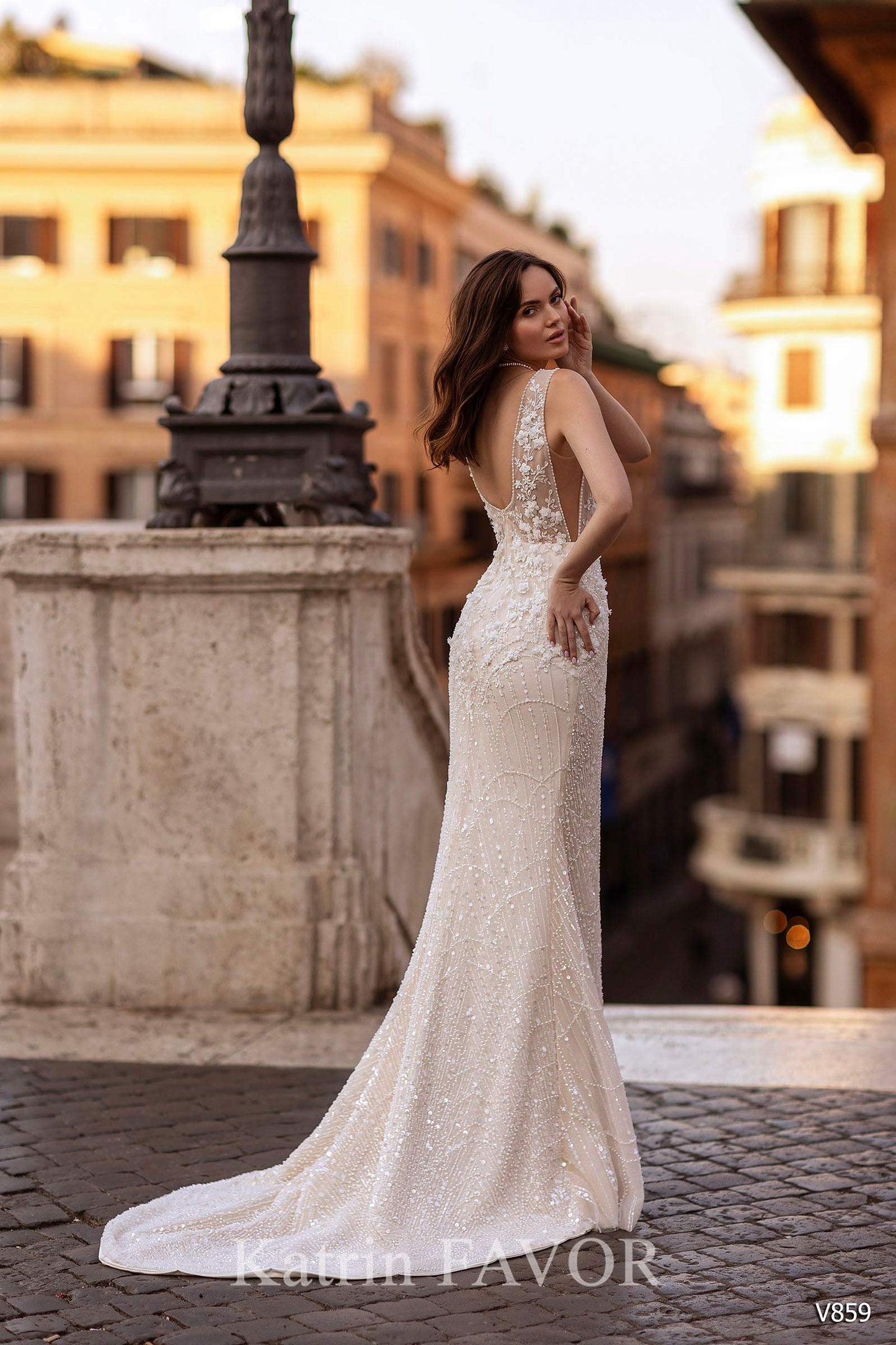 KatrinFAVORboutique-Fitted lace wedding gown Blush pink wedding dress