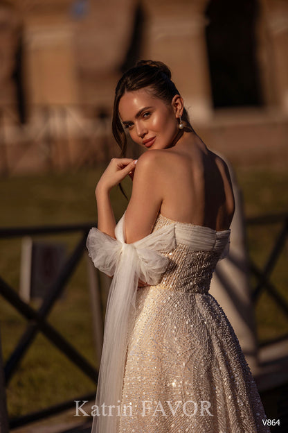 KatrinFAVORboutique-Off shoulder wedding dress with sleeves blush bridal dress