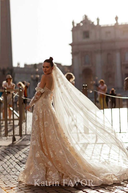 KatrinFAVORboutique-Floral embroidered wedding dress A line off the shoulder wedding gown