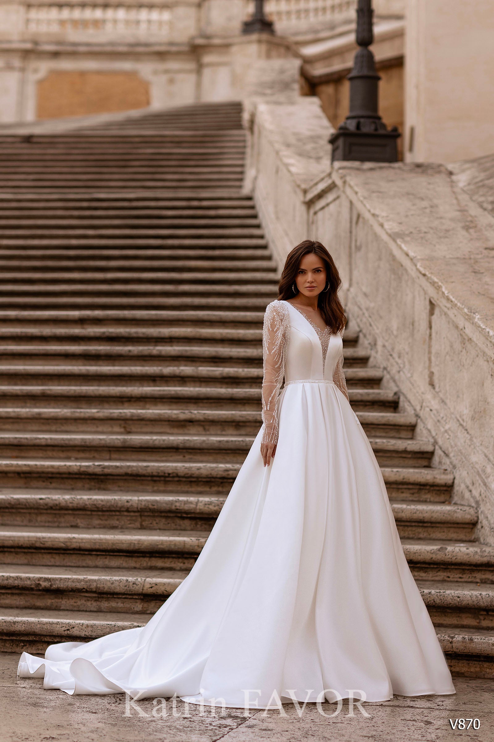 KatrinFAVORboutique-Wedding dress with sheer sleeves satin a line wedding gown