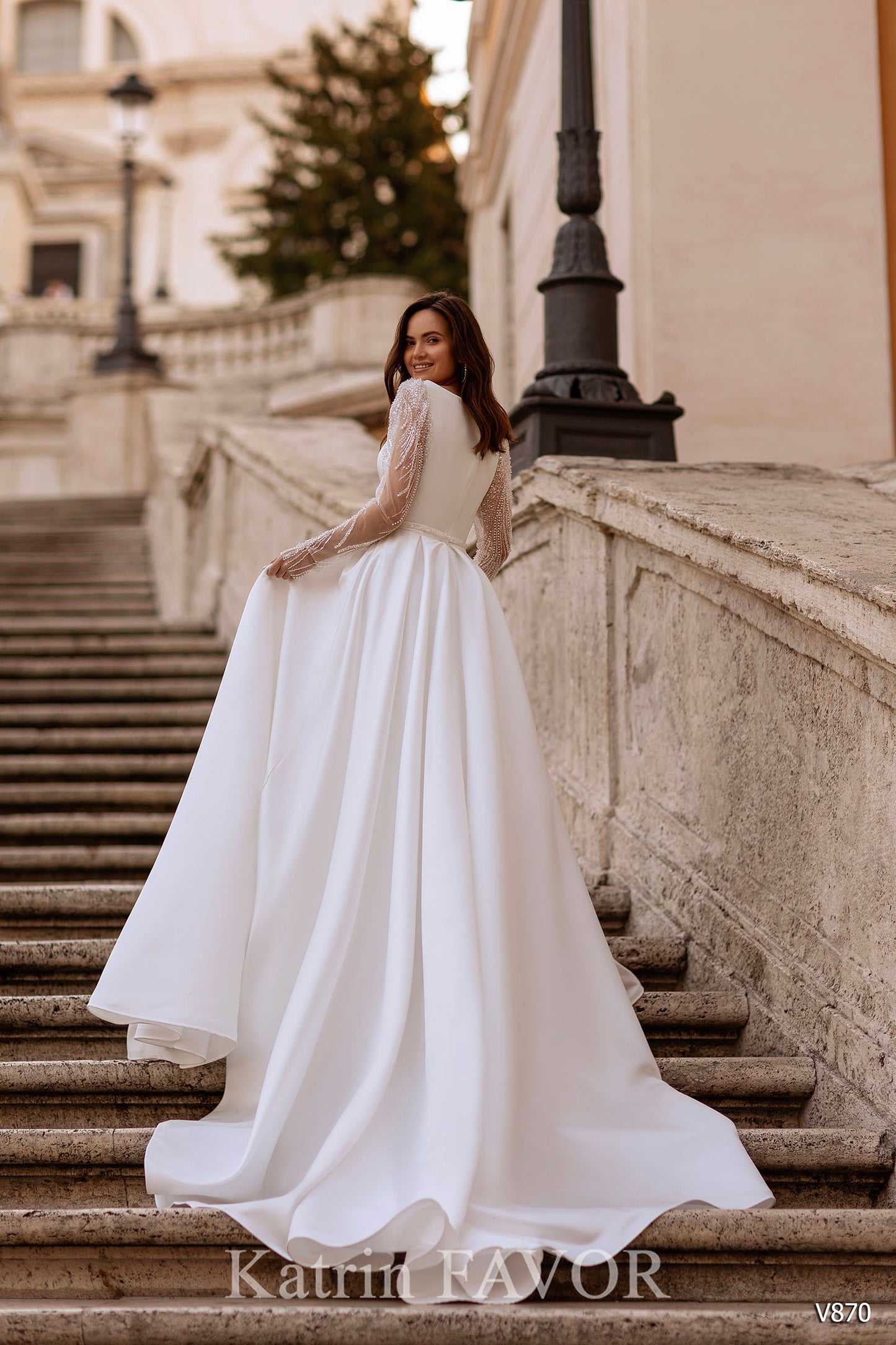 KatrinFAVORboutique-Wedding dress with sheer sleeves satin a line wedding gown