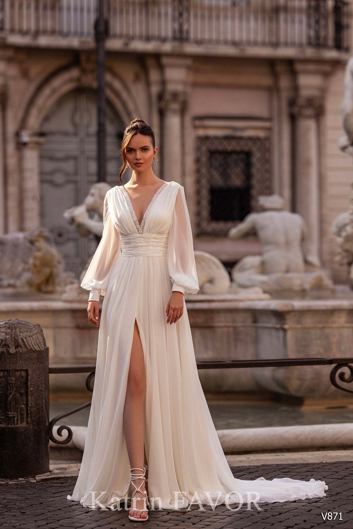 KatrinFAVORboutique-Chiffon wedding dress long sleeve boho wedding gown