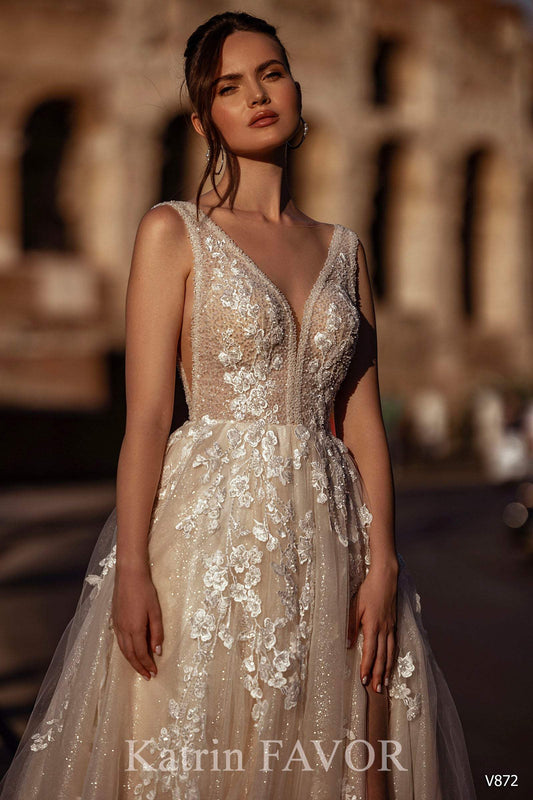 KatrinFAVORboutique-Beach style wedding dress blushing bride sparkly wedding gown