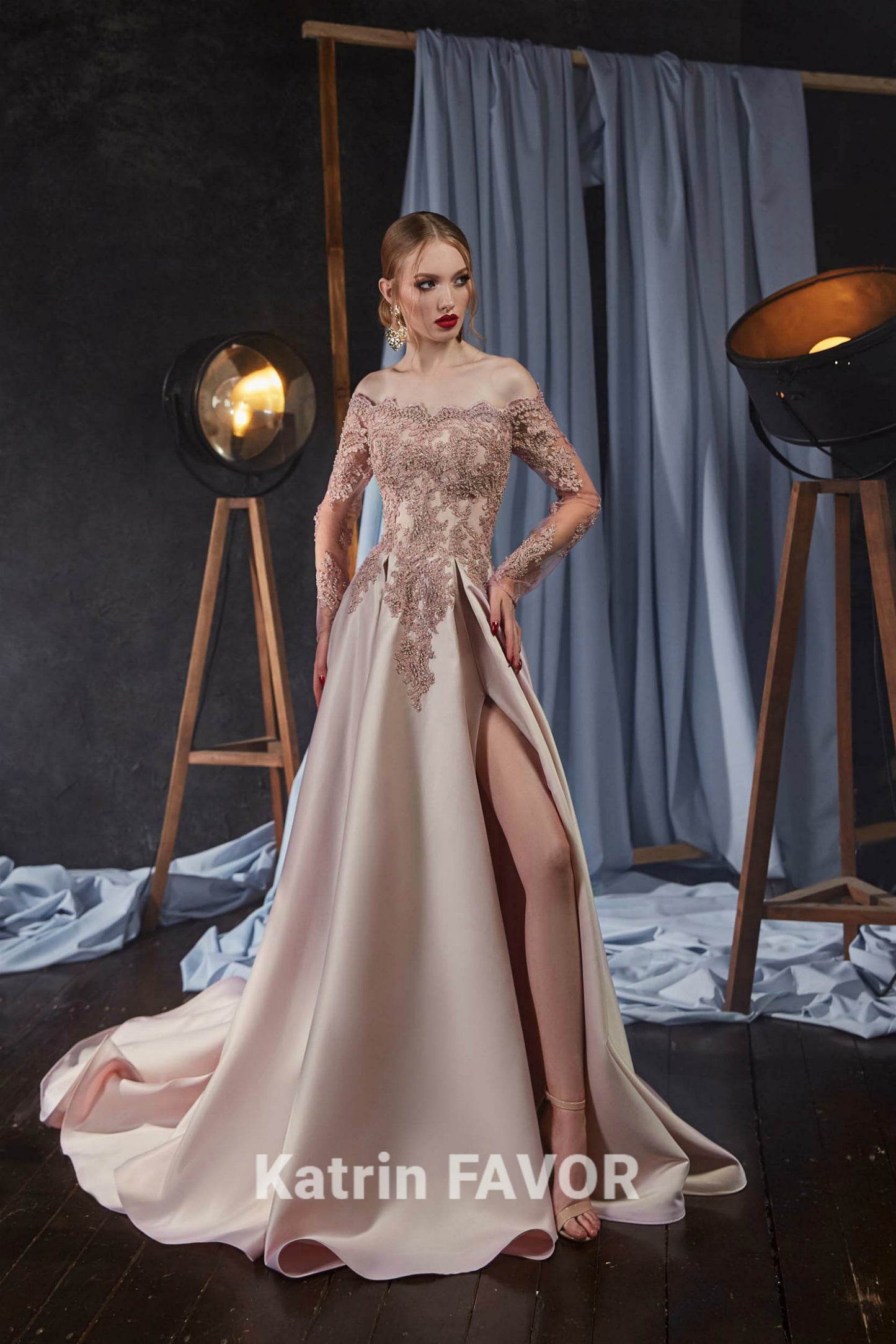 Off the shoulder long sleeve evening gown