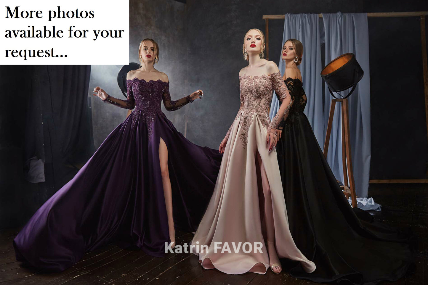 Off the shoulder long sleeve evening gown