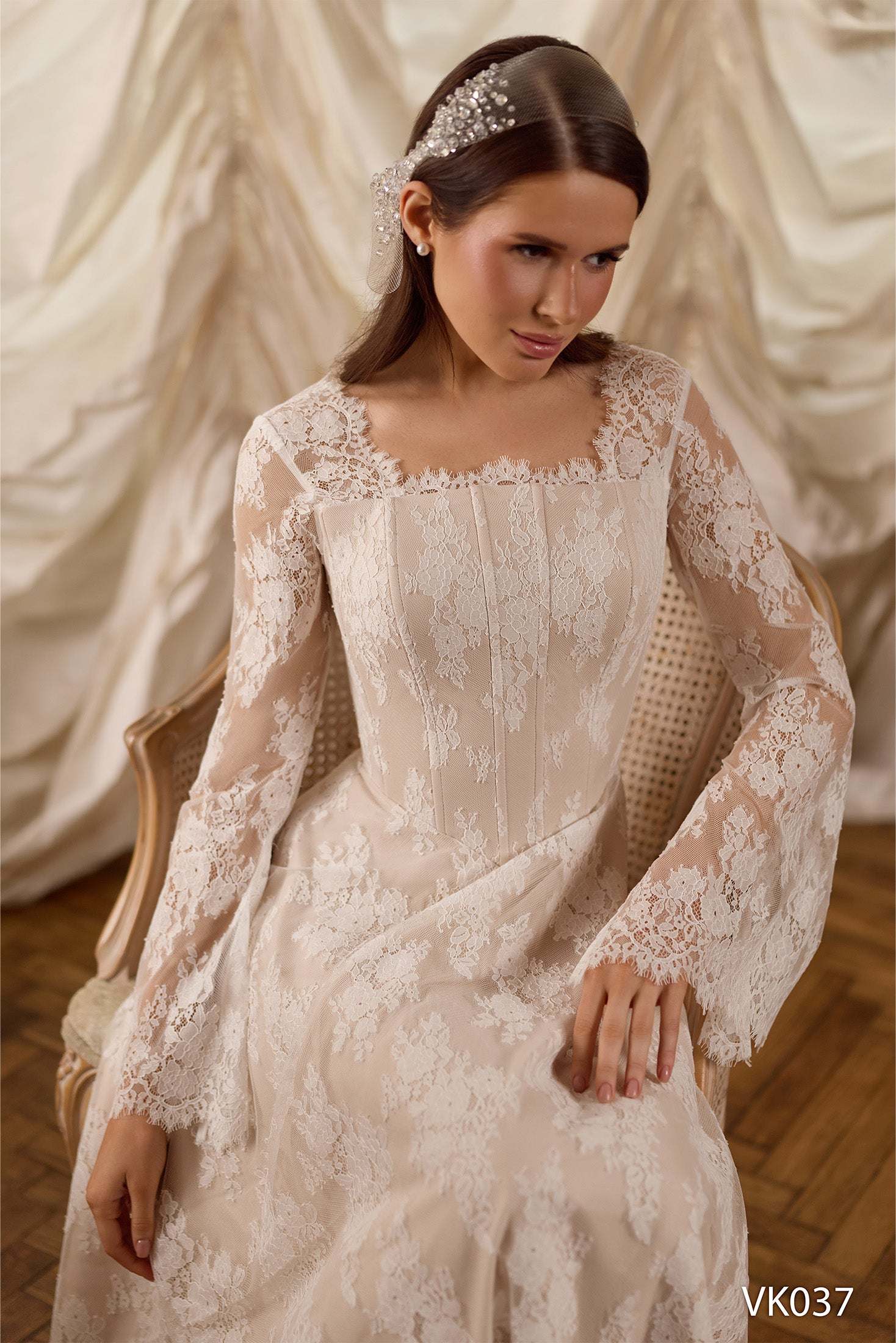 Tea Length Lace Wedding Dress – Romantic Long Sleeve Bridal Gown with Square Neckline As on photo / 14