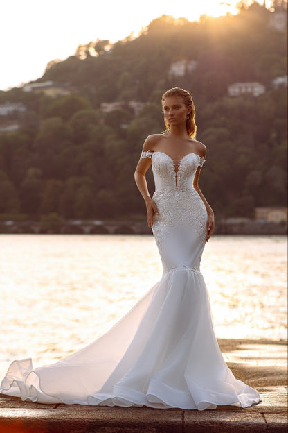 Off the shoulder mermaid wedding dress Embroidered wedding gown