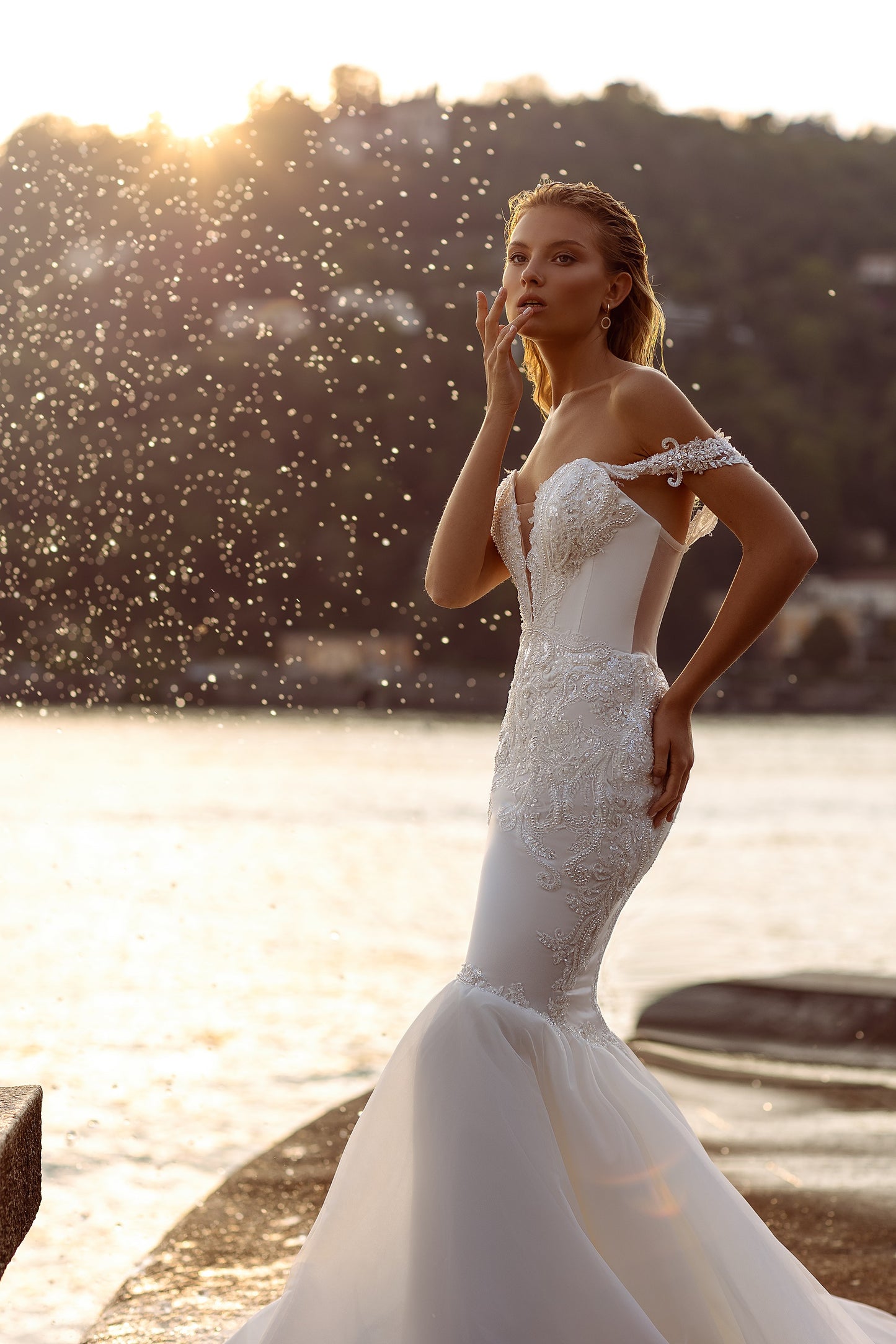 Off the shoulder mermaid wedding dress Embroidered wedding gown