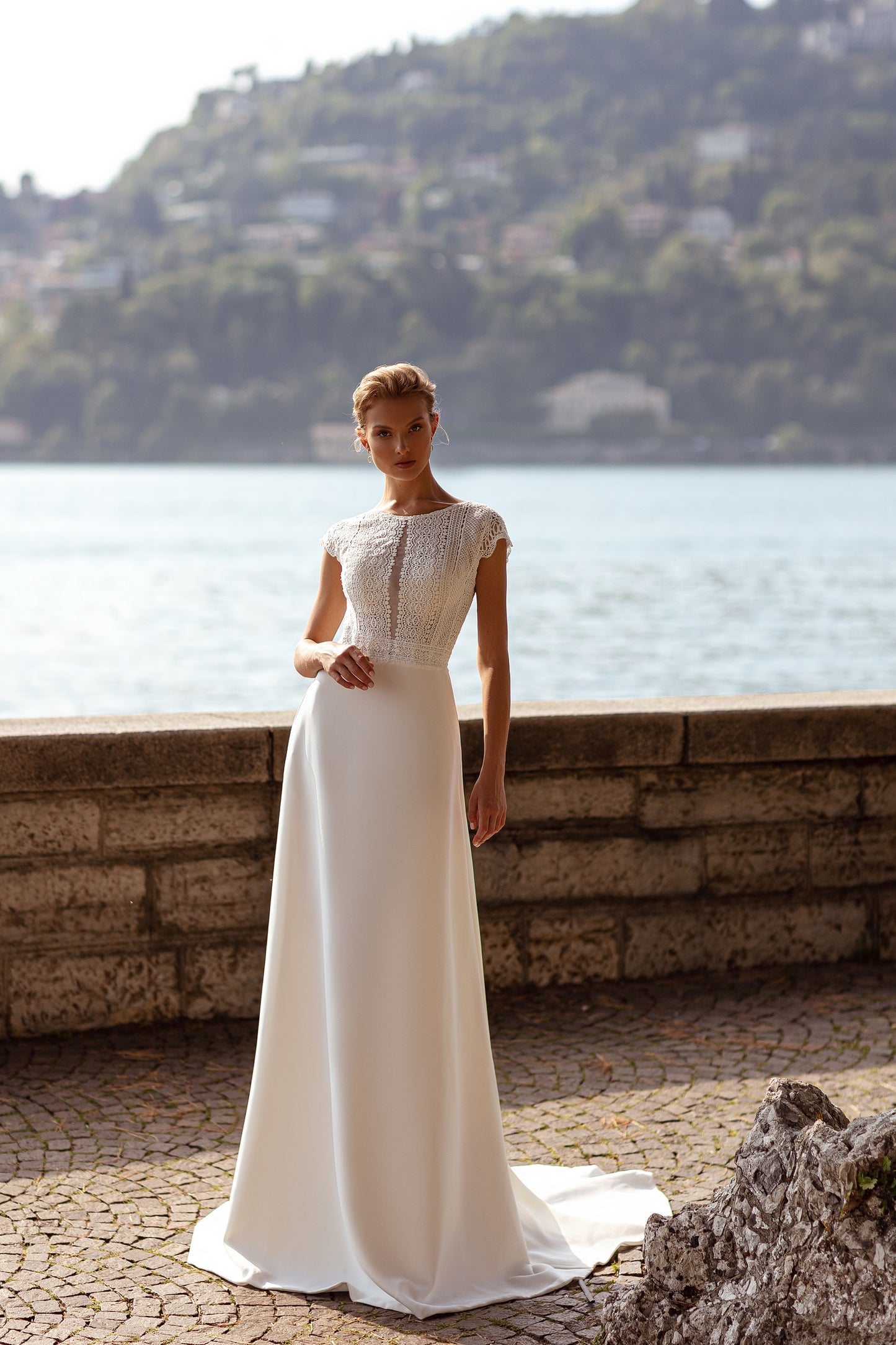 Simple cap sleeve sheath wedding dress