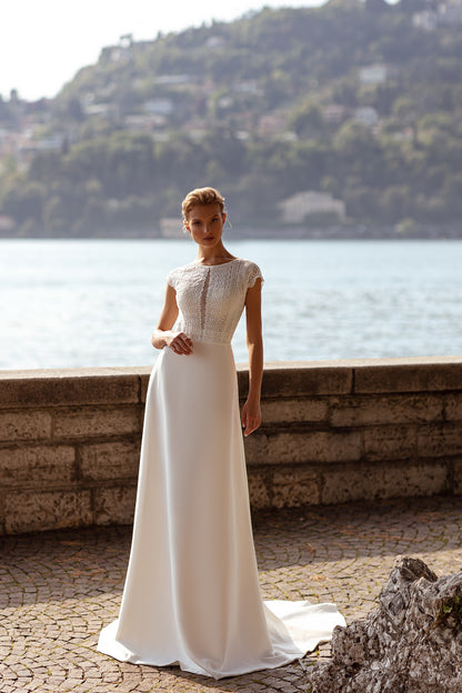 Simple cap sleeve sheath wedding dress