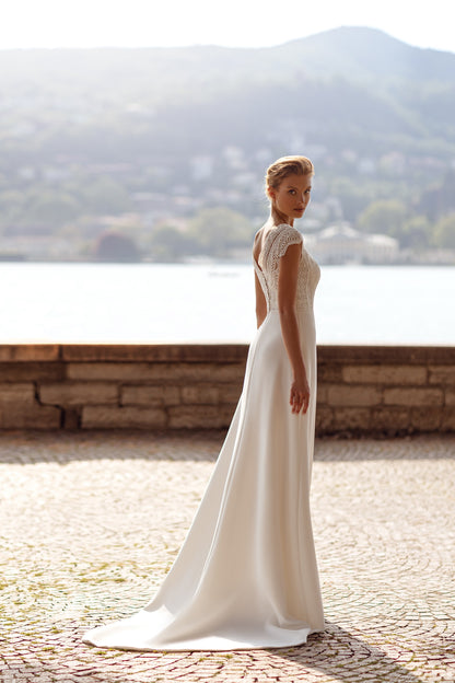Simple cap sleeve sheath wedding dress