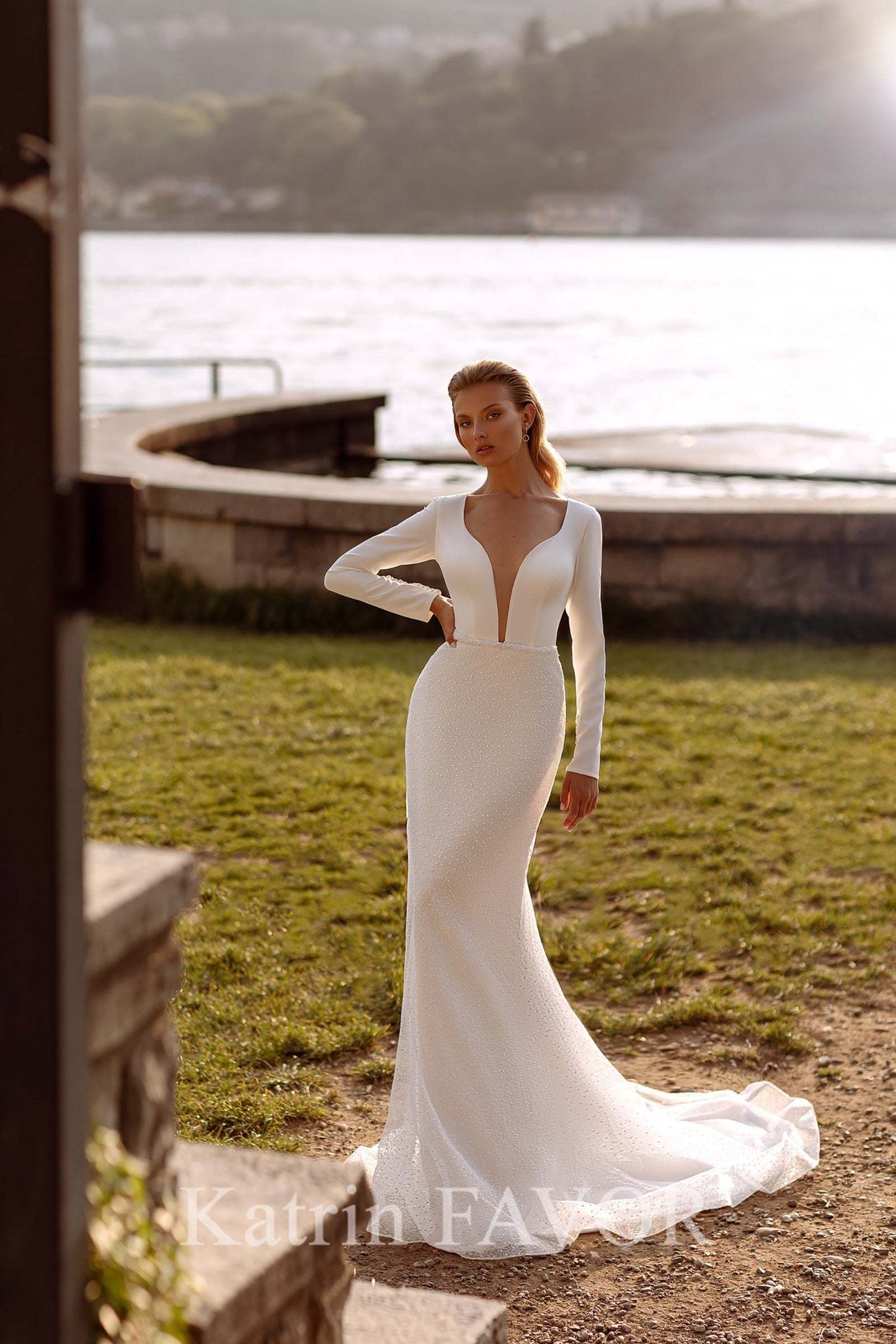 KatrinFAVORboutique-Satin long sleeve wedding dress Sheath wedding gown