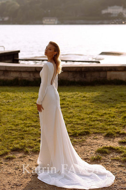 KatrinFAVORboutique-Satin long sleeve wedding dress Sheath wedding gown