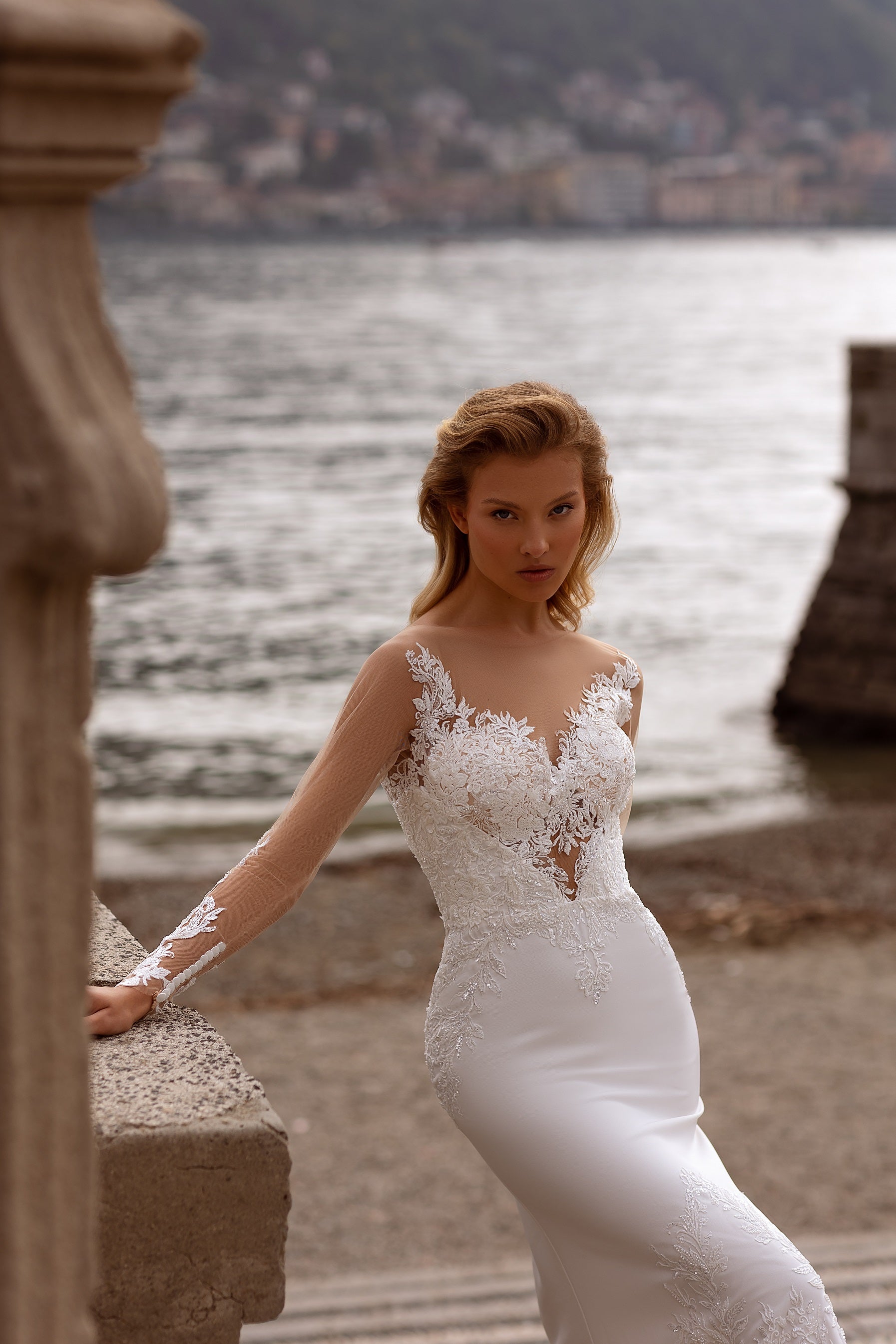 open back reception dress Missacc Ivory Bride Open Back Lace Long Sleeves Sweep Train Wedding Dresses