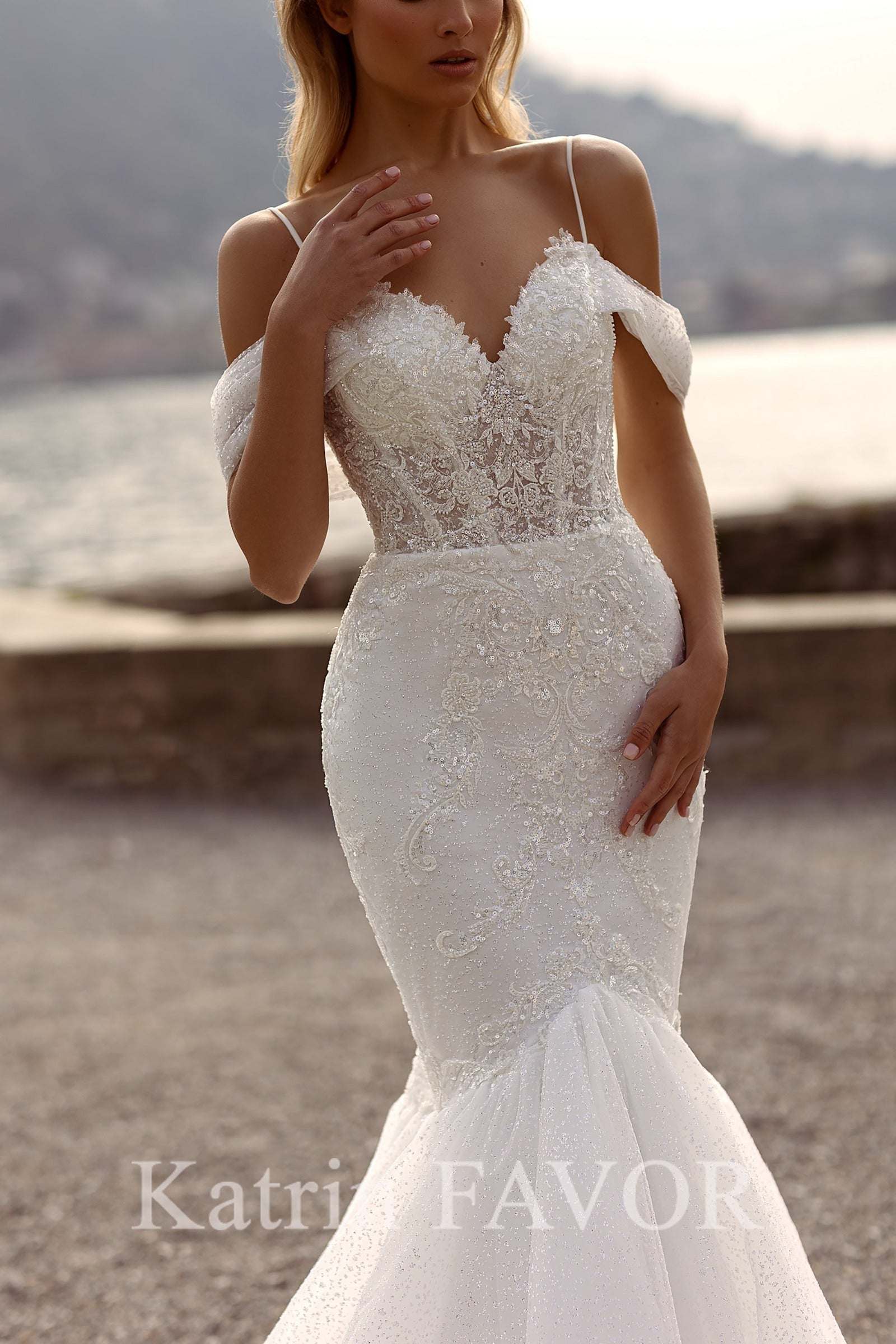 KatrinFAVORboutique-Mermaid wedding dress sparkle Off the shoulder wedding gown 