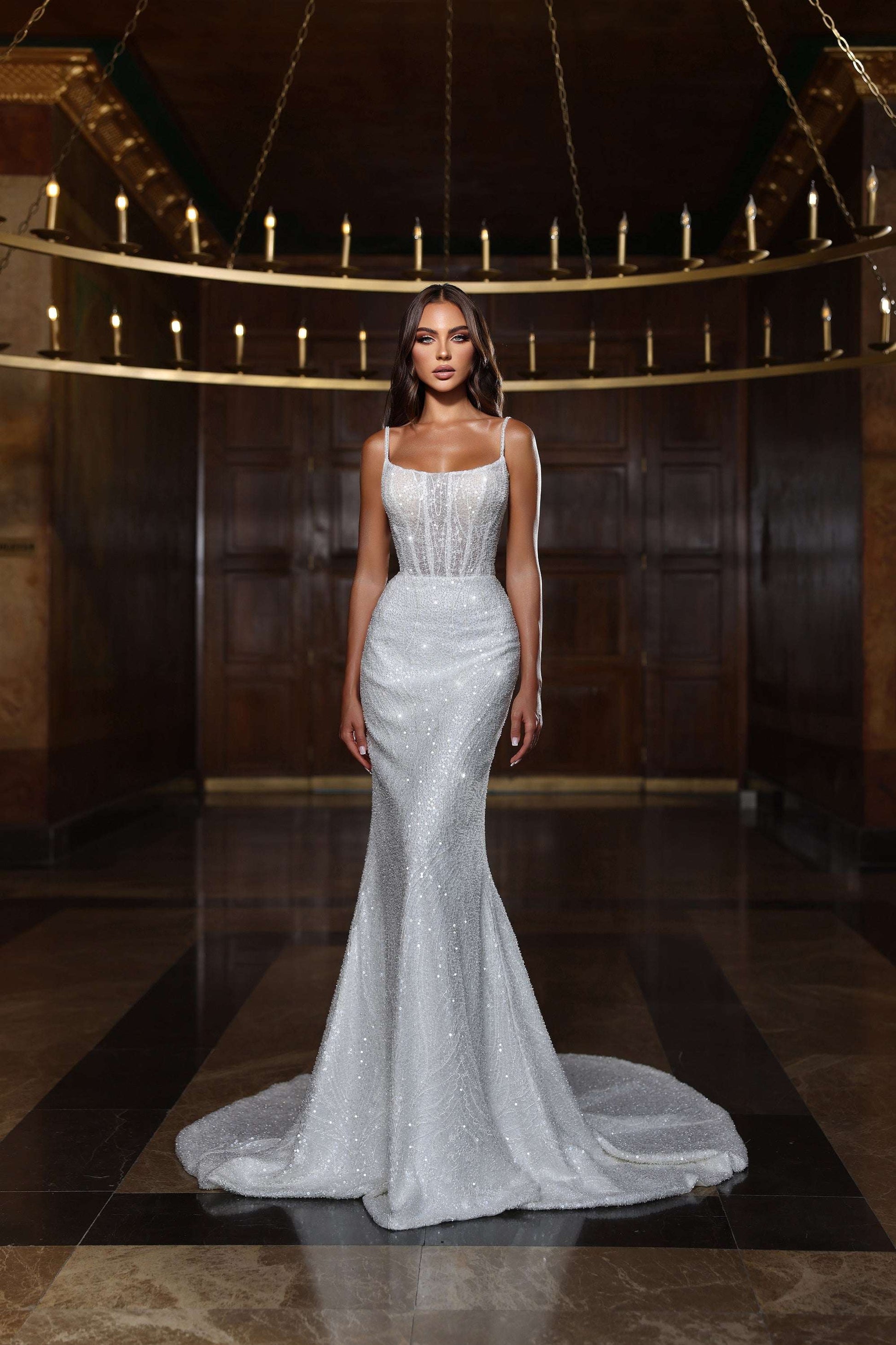 Spaghetti straps sheath beaded wedding dress 12 US / Off White Spaghetti straps sheath beaded wedding dress 12 US / Off White