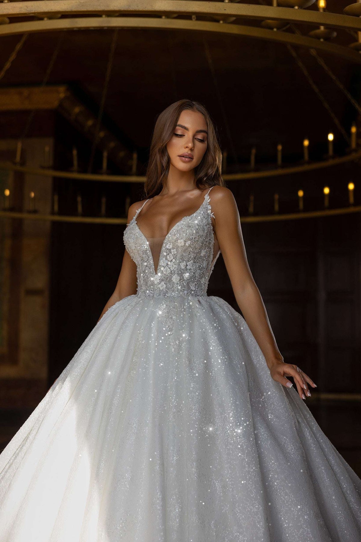 ladies ball dress Sparkly bridal | Princess gown wedding dress gold slit gown