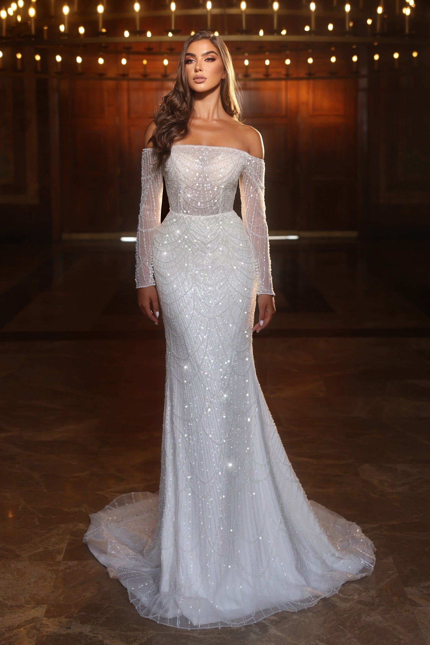 Off the shoulder fishtail beaded wedding dress