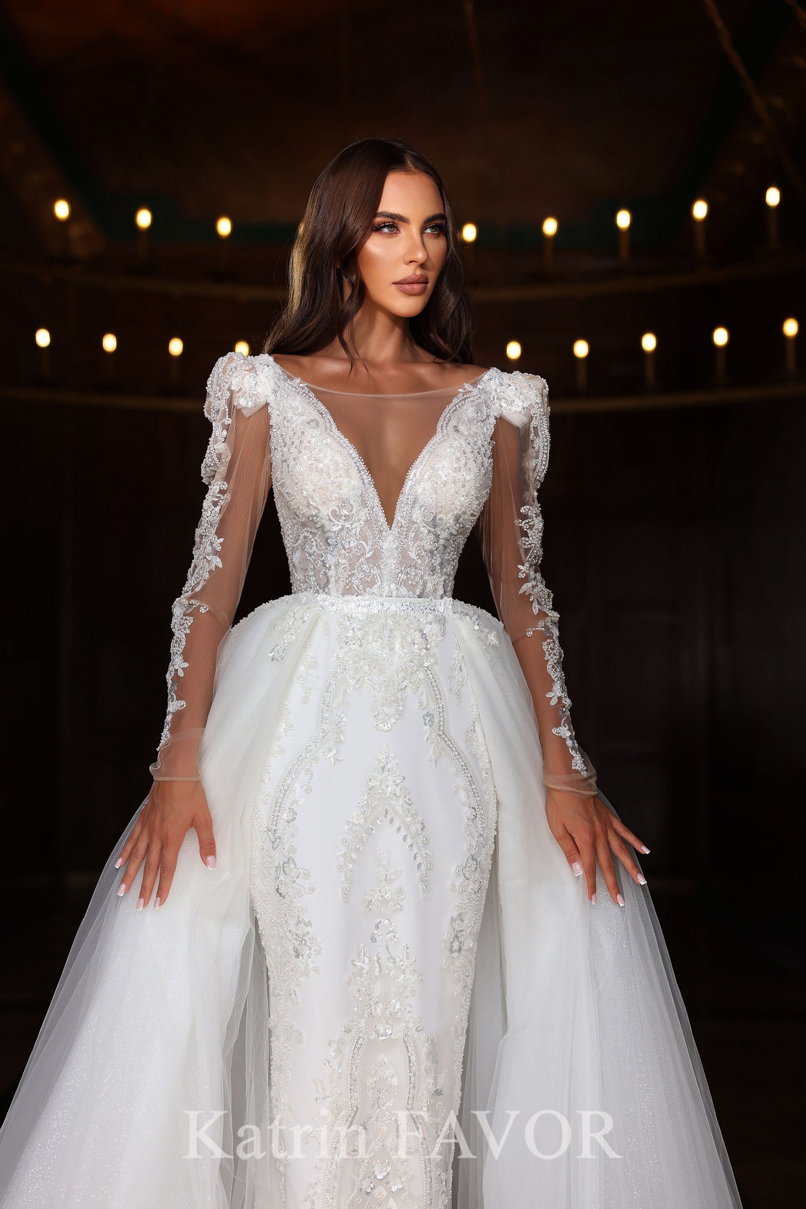 KatrinFAVORboutique-Off white lace wedding dress fitted long sleeve bridal dress