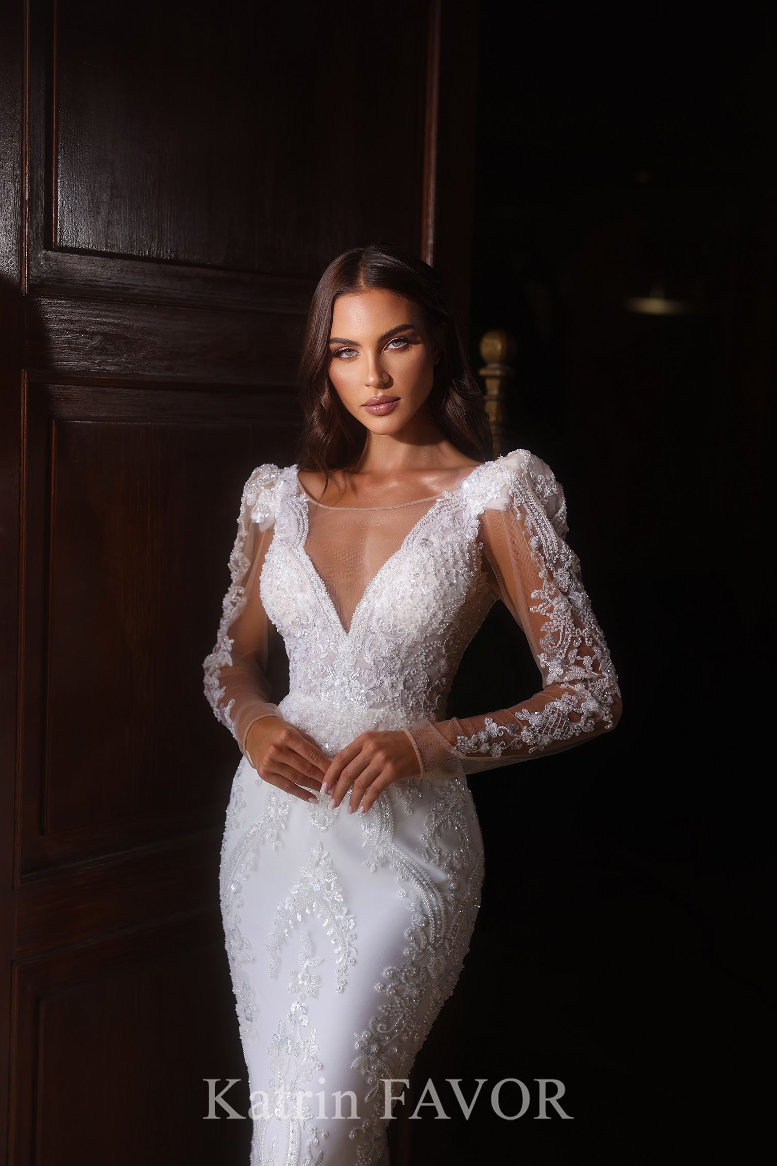 KatrinFAVORboutique-Off white lace wedding dress fitted long sleeve bridal dress